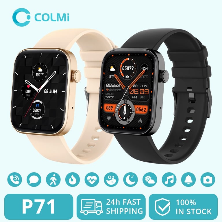 COLMI P71 Smartwatch with Advanced Health Monitoring, IP68 Waterproof Design, Smart Notifications, Voice Assistant, and Stylish Design for Men and Women - Heart Rate, Blood Pressure, Sleep Tracker - Swim Shower Workout - Call, Text, Email Alerts - Voice Control - Interchangeable Bands
