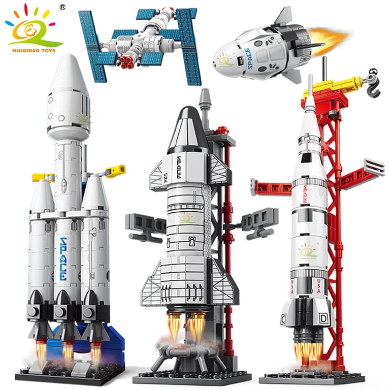 HUIQIBAO Mini Aviation Manned Rocket Model Building Blocks Set - Realistic Space Aerospace Station Construction Toy for Kids, City Theme with Rockets and Futuristic Buildings, Educational STEM Learning, Safe ABS Plastic Bricks, Ideal Gift for Space and Aviation Enthusiasts