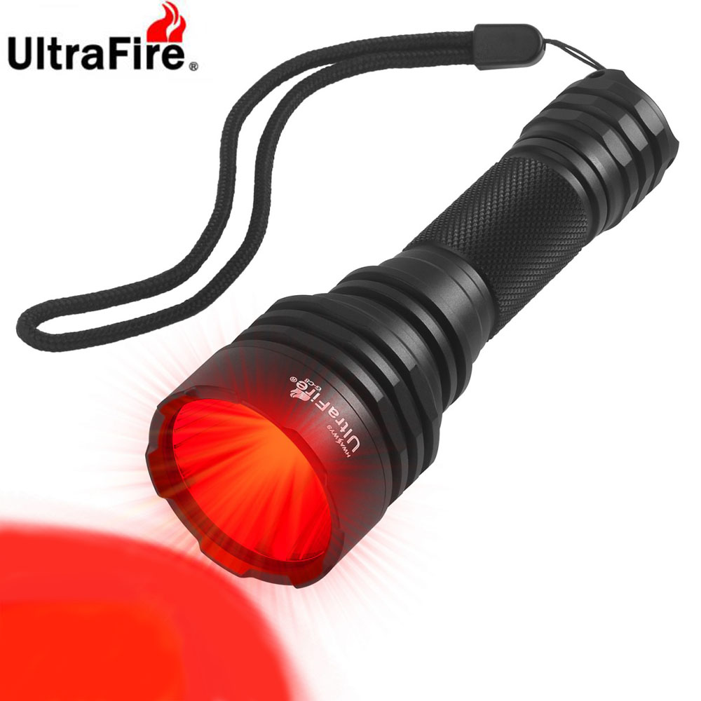 UltraFire C8 Red Light Flashlight - 180M Beam Distance, Tactical Design, Rechargeable Battery, Ideal for Coyote and Hog Hunting, Night Vision Friendly, High-Powered LED Lamp for Improved Visibility in Low-Light Conditions