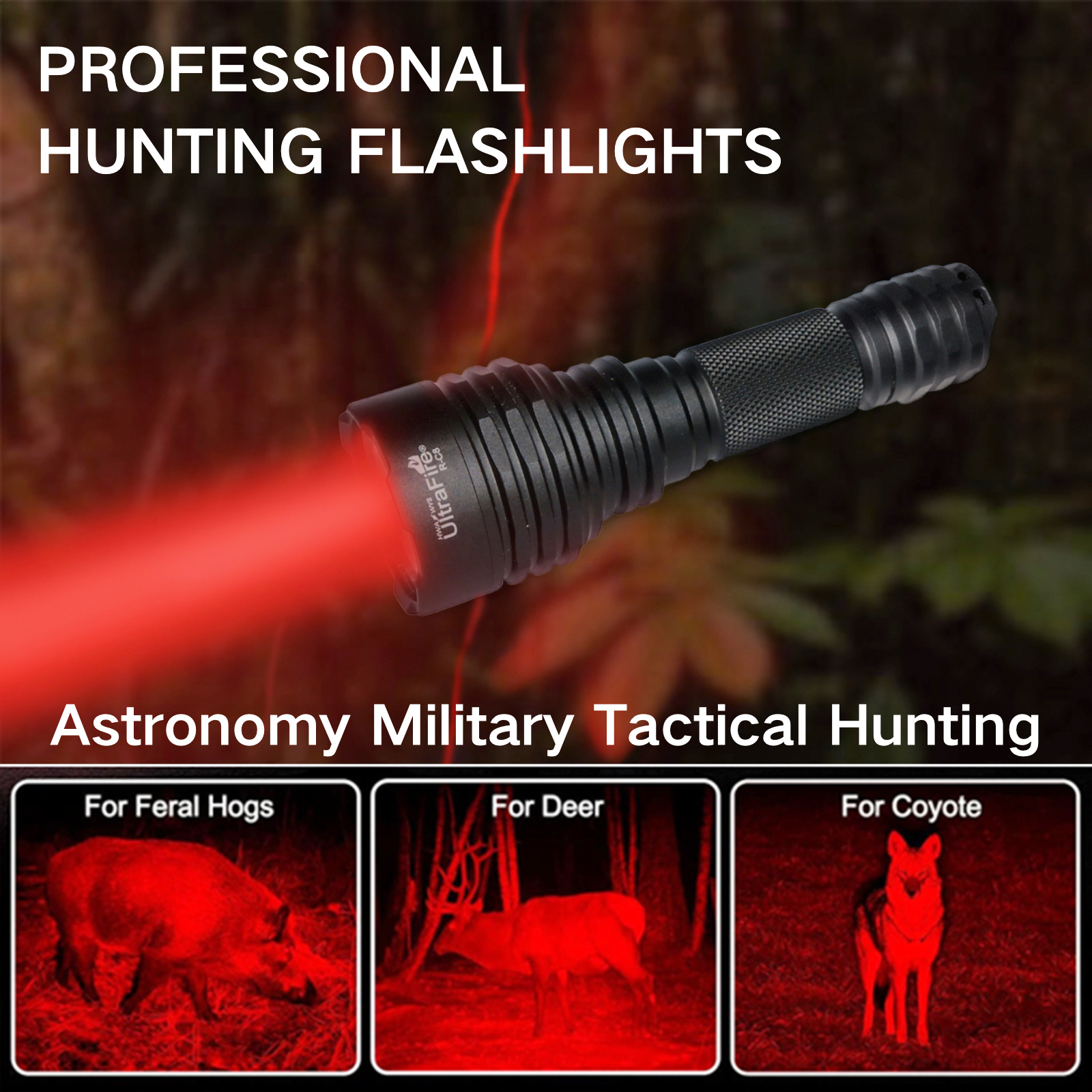 UltraFire C8 Red Light Flashlight - 180M Beam Distance, Tactical Design, Rechargeable Battery, Ideal for Coyote and Hog Hunting, Night Vision Friendly, High-Powered LED Lamp for Improved Visibility in Low-Light Conditions