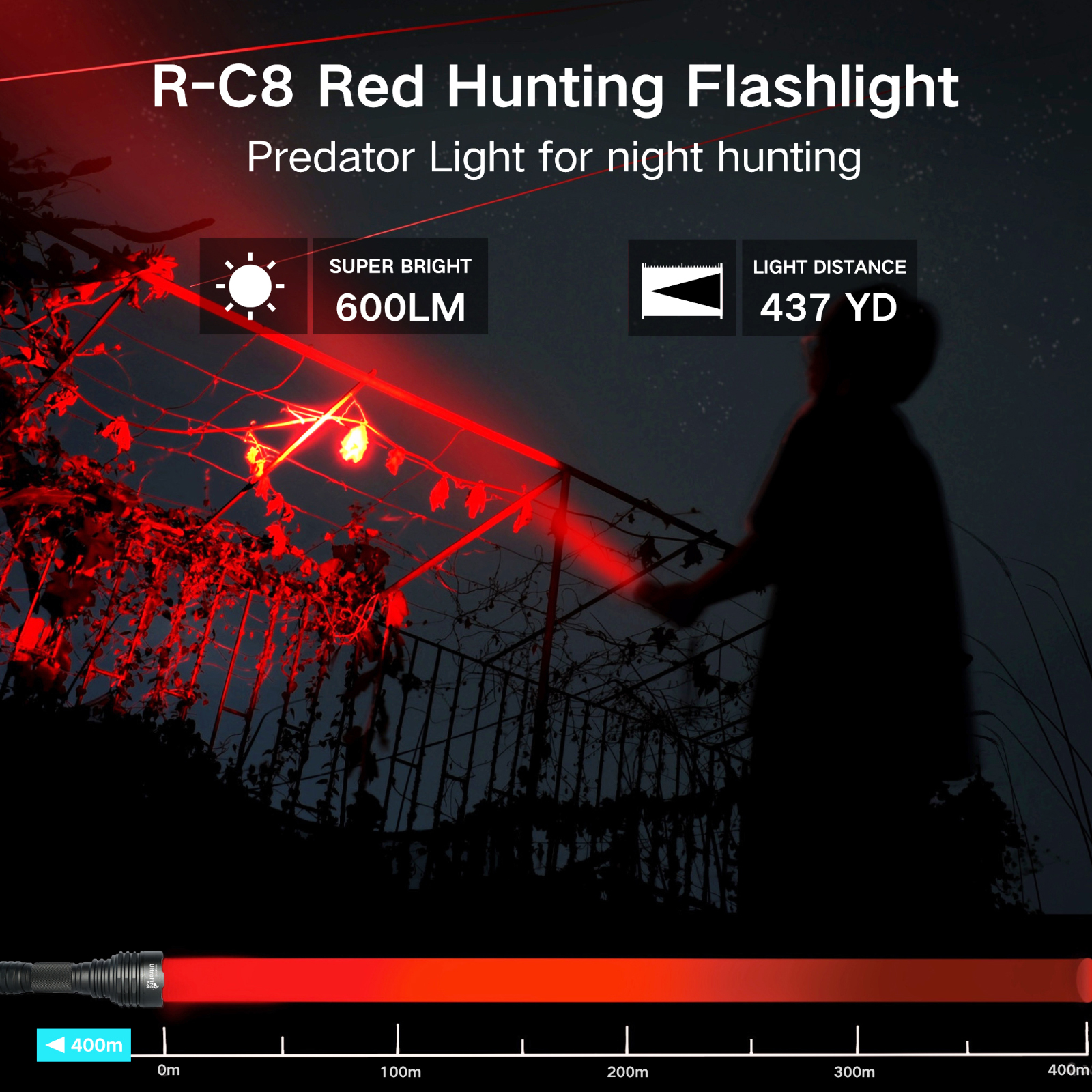 UltraFire C8 Red Light Flashlight - 180M Beam Distance, Tactical Design, Rechargeable Battery, Ideal for Coyote and Hog Hunting, Night Vision Friendly, High-Powered LED Lamp for Improved Visibility in Low-Light Conditions