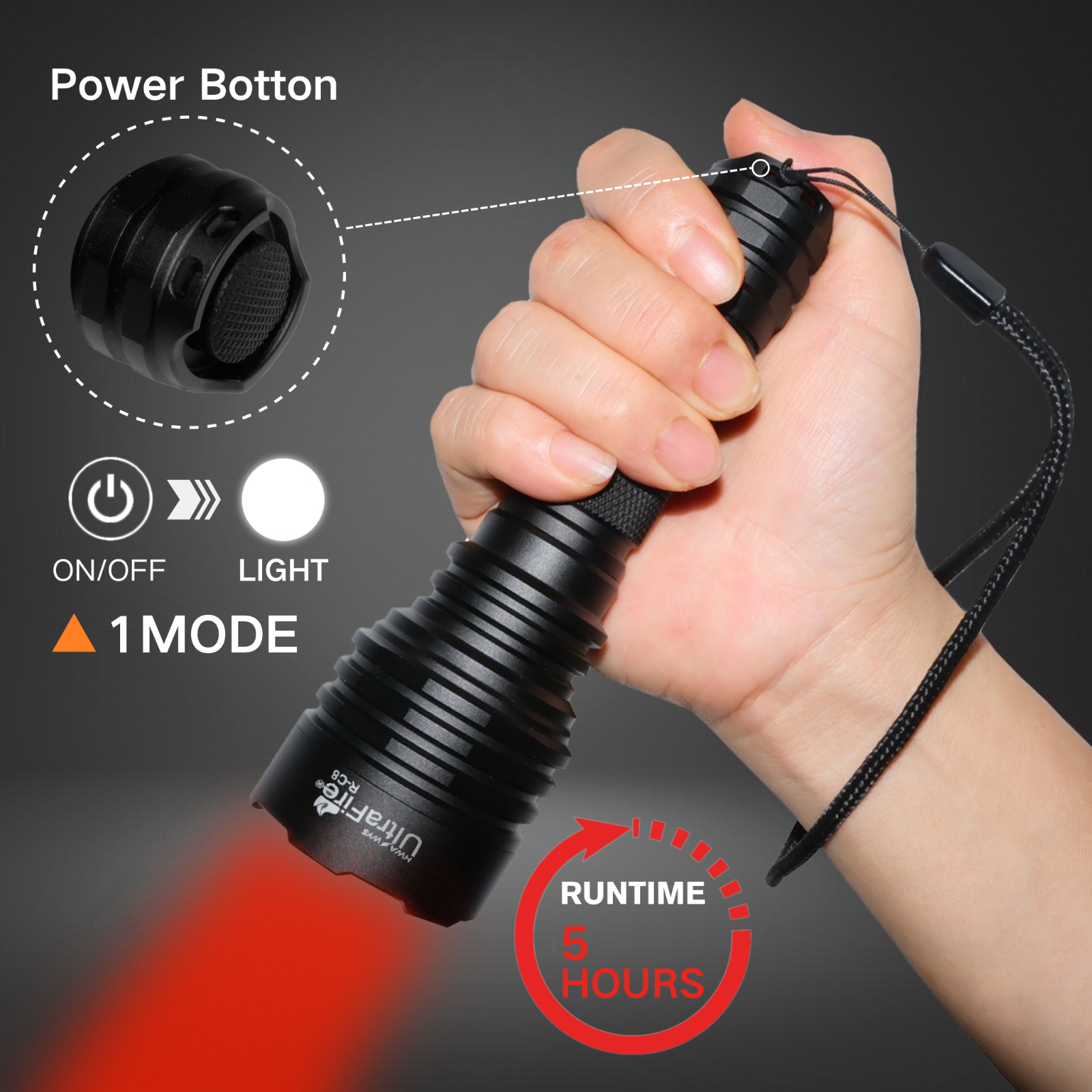 UltraFire C8 Red Light Flashlight - 180M Beam Distance, Tactical Design, Rechargeable Battery, Ideal for Coyote and Hog Hunting, Night Vision Friendly, High-Powered LED Lamp for Improved Visibility in Low-Light Conditions