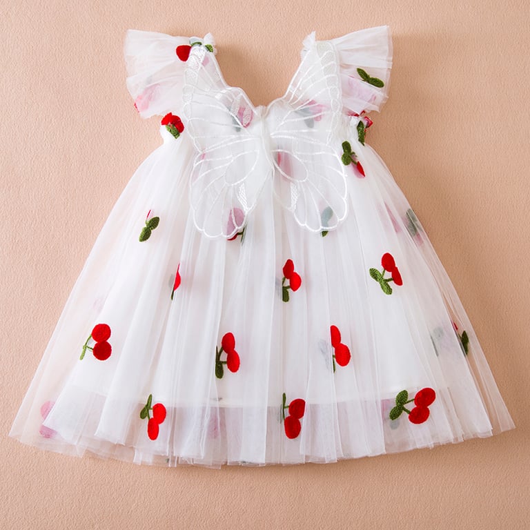 Adorable Strawberry Embroidered Princess Dress for Girls 1-5 Years | Flying Sleeves, Bow Detail, Breathable Mesh Fabric, Sleeveless Summer Outfit | Easy Pull-On Style, Perfect for Playdates, Special Occasions, and Everyday Wear