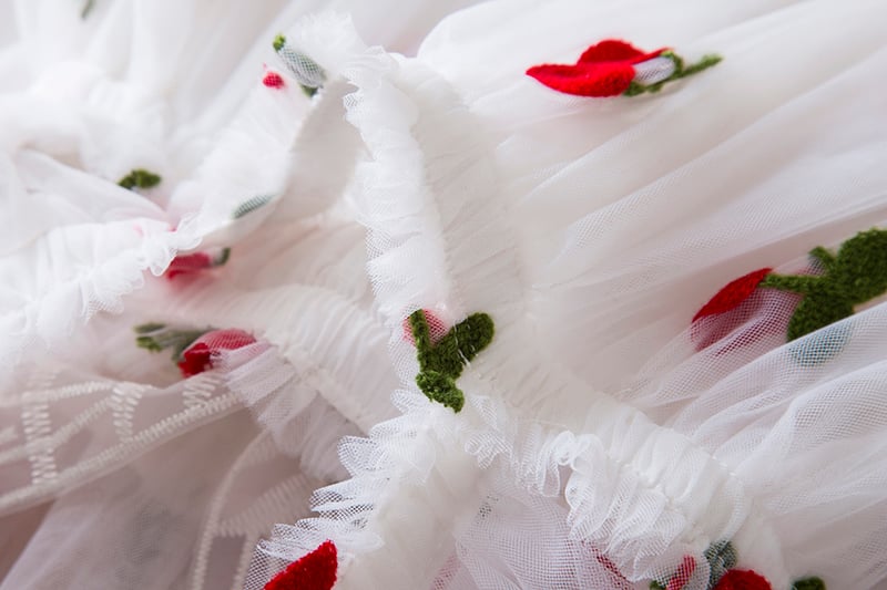 Adorable Strawberry Embroidered Princess Dress for Girls 1-5 Years | Flying Sleeves, Bow Detail, Breathable Mesh Fabric, Sleeveless Summer Outfit | Easy Pull-On Style, Perfect for Playdates, Special Occasions, and Everyday Wear