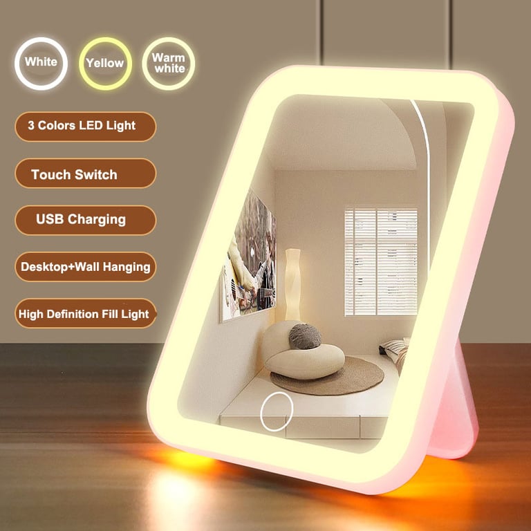 Adjustable LED Lighting Vanity Mirror with Touch Screen Controls, USB Rechargeable, Portable Design, and Dimming Function - 3 Colors (Warm, Natural, Cool) with Adjustable Brightness Levels for Flawless Makeup Application Anywhere