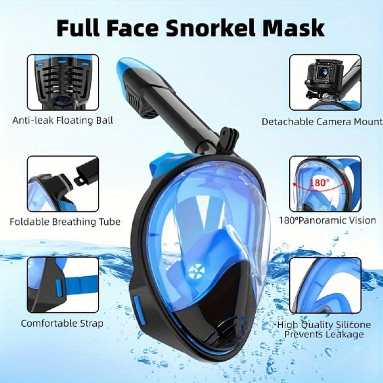 Detachable Camera Mount Full Face Snorkel Mask with Wide View Anti-Fog Lens, Anti-Leak Design, Comfortable Fit for Adults and Youth - Durable Construction for Snorkeling, Swimming, Diving Adventures