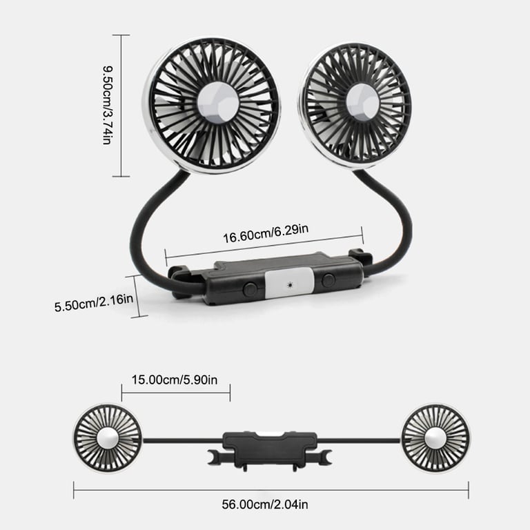 SEAMETAL Dual Head Cooling Air Fan for Car Rear Passengers with 3-Speed Adjustable, 360 Degree Rotation, Independent Switch, and Easy Installation - Powerful USB Fans for Customized Comfort and Optimal Air Circulation