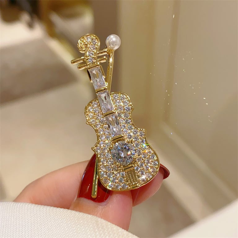Luxurious Korean Crystal Violin Pearl Brooch Jewelry - Exquisite Design, Premium Metal, Versatile Style, Perfect Gift, Statement Accessory for Men and Women