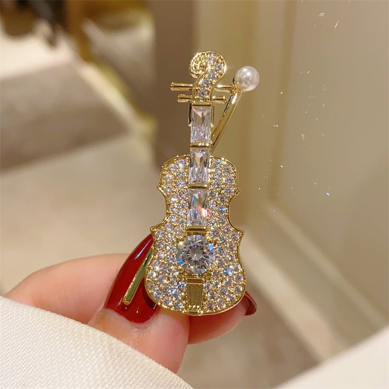 Luxurious Korean Crystal Violin Pearl Brooch Jewelry - Exquisite Design, Premium Metal, Versatile Style, Perfect Gift, Statement Accessory for Men and Women
