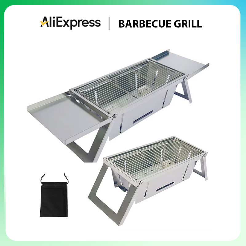Portable Stainless Steel Folding Barbecue Grill with Adjustable Height Settings and Smokeless Cooking Experience - Easy to Assemble and Clean for Indoor and Outdoor Use