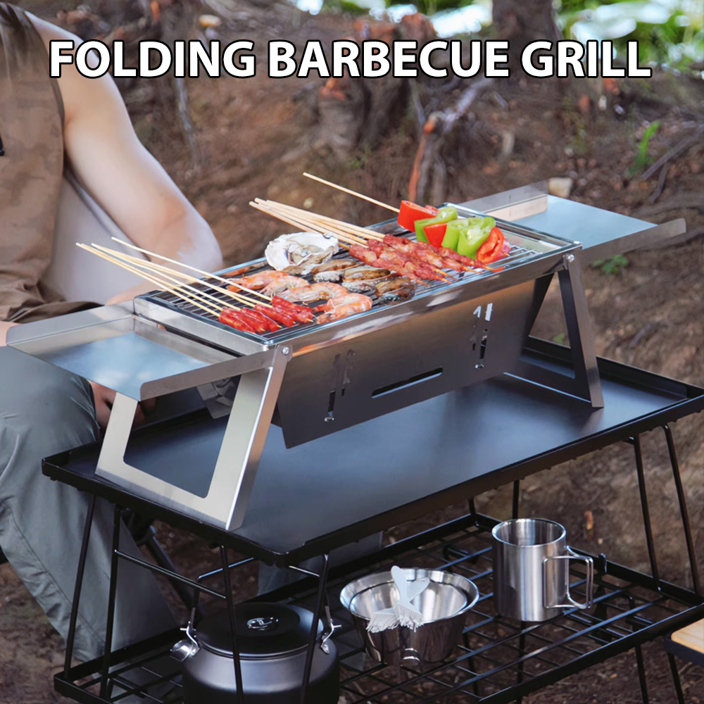 Portable Stainless Steel Folding Barbecue Grill with Adjustable Height Settings and Smokeless Cooking Experience - Easy to Assemble and Clean for Indoor and Outdoor Use