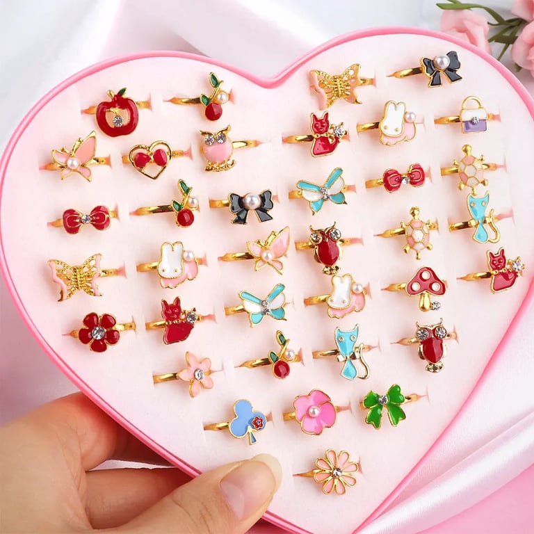 Cute Adjustable Cartoon Crystal Jewelry Rings Set for Kids - 10/20/36 pcs Alloy Animal Enamel Pretend Play Makeup Toys with Sparkling Crystal Accents and Vibrant Colors - Perfect for Dress-Up and Imaginative Fun