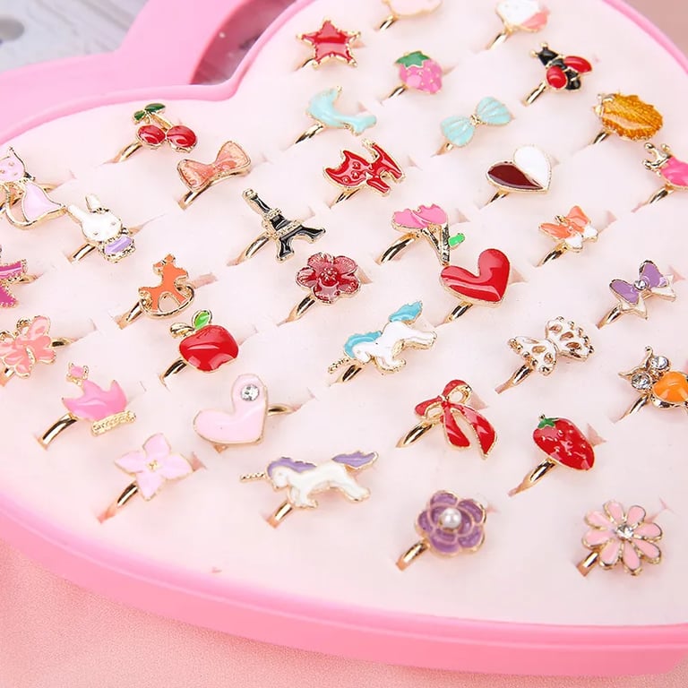 Cute Adjustable Cartoon Crystal Jewelry Rings Set for Kids - 10/20/36 pcs Alloy Animal Enamel Pretend Play Makeup Toys with Sparkling Crystal Accents and Vibrant Colors - Perfect for Dress-Up and Imaginative Fun
