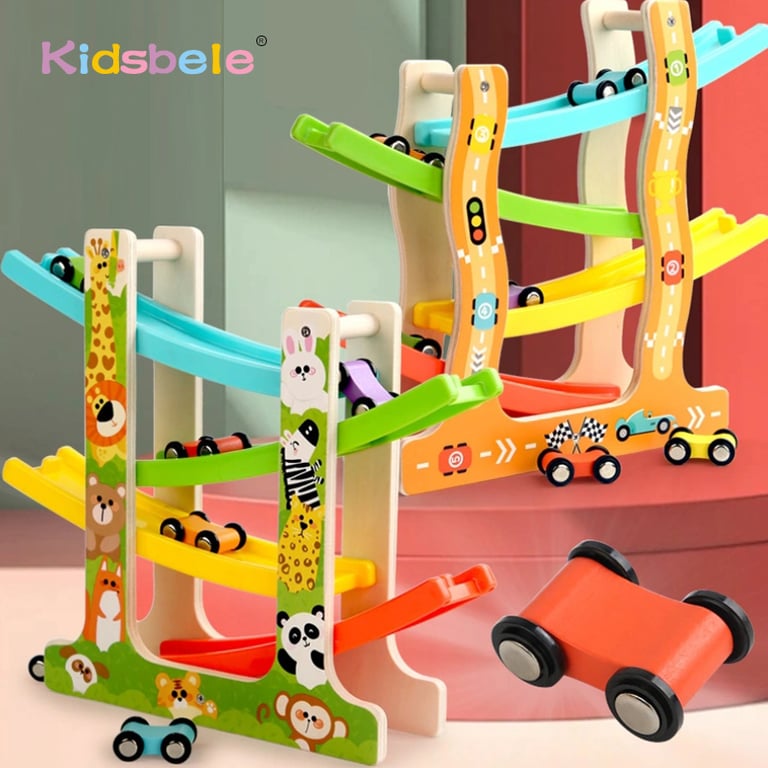 Premium Wooden Gliders Set with Animal and Traffic Theme for Educational Play - Montessori Inertia Track Car Toys for Kids, Safe and Non-Toxic, Perfect Birthday Gifts, Develop Fine Motor Skills and Hand-Eye Coordination, Durable Four-Layer Design for Hours of Fun