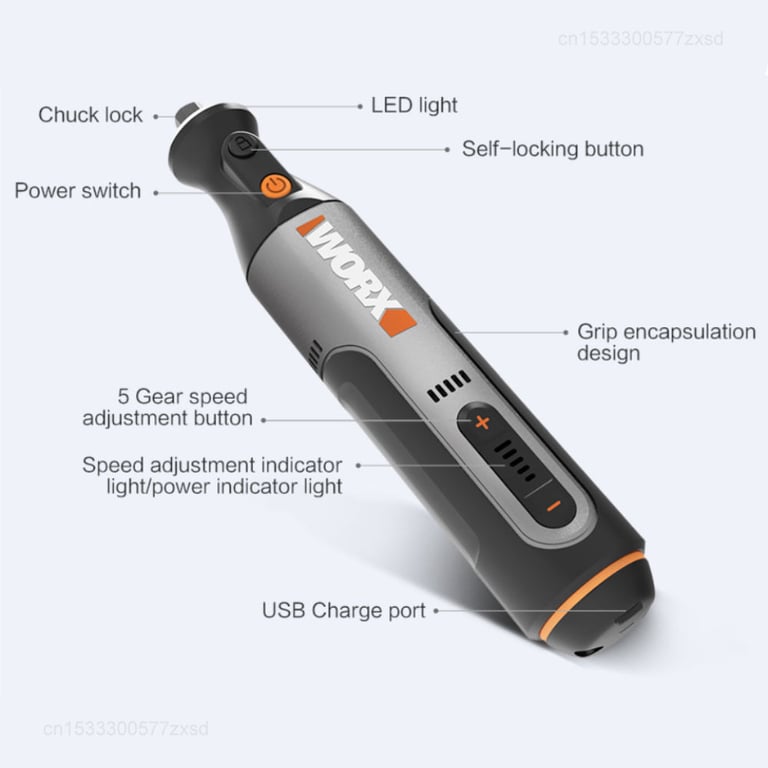 Worx 8V Rotary Tool WX106 - Cordless Mini Drill for Engraving, Grinding, and Polishing with Variable Speed Control, USB Charger, Durable Construction, and Wide Range of Accessories
