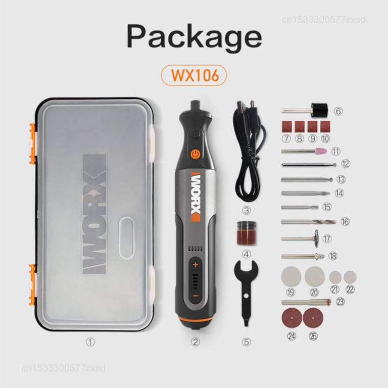 Worx 8V Rotary Tool WX106 - Cordless Mini Drill for Engraving, Grinding, and Polishing with Variable Speed Control, USB Charger, Durable Construction, and Wide Range of Accessories