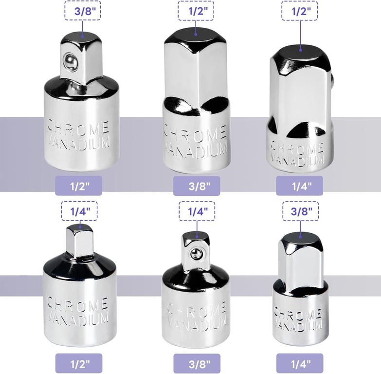 6-Piece Chrome Vanadium Steel Socket Adapter and Reducer Set for Automotive Applications - Durable and Versatile Kit for Quick Socket Size Adjustments - Smooth Ratchet Operation - Ideal for Mechanics and Enthusiasts