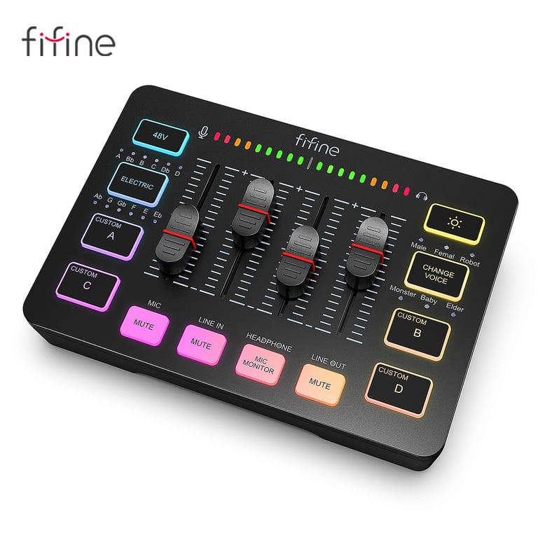 FIFINE Enhanced Gaming Audio Mixer with 4 Channels, RGB Lighting, and XLR Microphone Interface for Game Voice, Podcasting, and More - Streamlined Controls, AmpliGame SC3 Compatibility, Durable Design with Stylish RGB Lighting