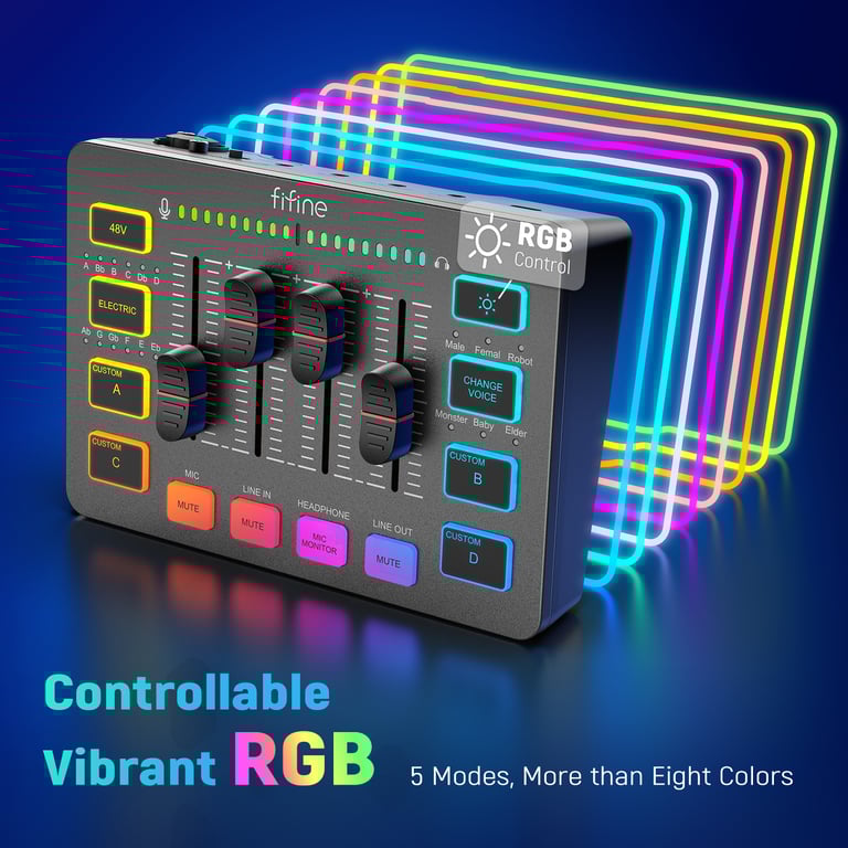 FIFINE Enhanced Gaming Audio Mixer with 4 Channels, RGB Lighting, and XLR Microphone Interface for Game Voice, Podcasting, and More - Streamlined Controls, AmpliGame SC3 Compatibility, Durable Design with Stylish RGB Lighting