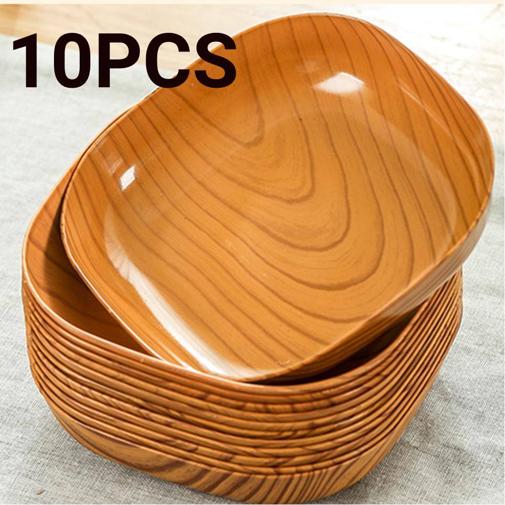 Set of 10 Japanese-Style Plastic Dishes with Imitation Wood Grain Design - Versatile and Elegant Serving Plates for Fruits, Snacks, and Main Dishes - Food-Grade and BPA-Free Material - Bone Spitting Dish for Clean Dining - Lightweight and Durable Household Essential for Everyday Use and Special Occasions