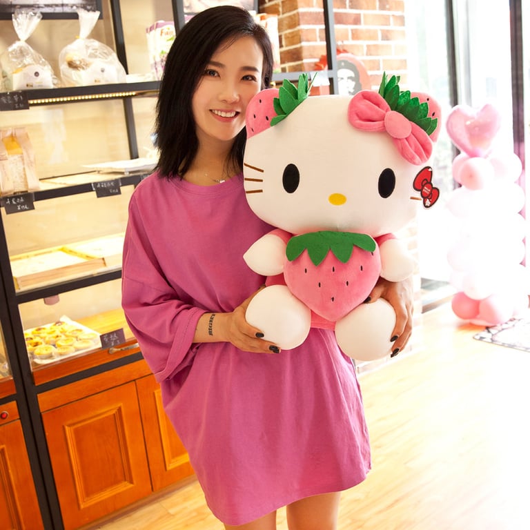 Adorable Strawberry KT Cat Hello Kitty Plush Stuffed Toy - Perfect for Children's Gifts and Home Decorations - Soft and Huggable Material - High-Quality Construction - Multi-Purpose Usage as Pillow or Decorative Accent - Ideal Gift for Hello Kitty Fans - Collectible Item from Sanrio