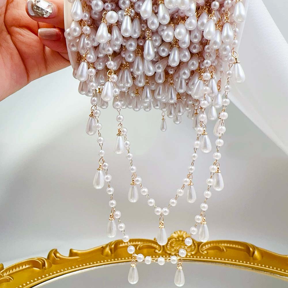 0.5M-1M Imitation Pearl Waterdrop Pendant Beaded Chain for DIY Jewelry Making - Elegant Design with Adjustable Length - High-Quality Plastic Beads and Copper Chains - Versatile for Necklaces, Bracelets, and Fashion Accessories - Ideal for Beginners and Experienced Crafters