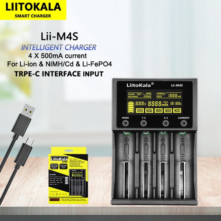 LiitoKala Lii-M4S Multi-Functional LCD Display Battery Charger for 3.7V 1.2V 26650 21700 14500 18350 AA AAA A C Batteries - Intelligent Charging Management, Compact Portable Design, Overcharge Protection, Reverse Polarity Detection, Easy-to-Use Buttons