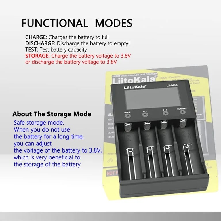 LiitoKala Lii-M4S Multi-Functional LCD Display Battery Charger for 3.7V 1.2V 26650 21700 14500 18350 AA AAA A C Batteries - Intelligent Charging Management, Compact Portable Design, Overcharge Protection, Reverse Polarity Detection, Easy-to-Use Buttons