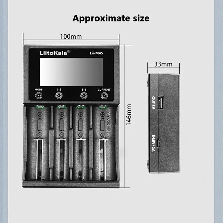 LiitoKala Lii-M4S Multi-Functional LCD Display Battery Charger for 3.7V 1.2V 26650 21700 14500 18350 AA AAA A C Batteries - Intelligent Charging Management, Compact Portable Design, Overcharge Protection, Reverse Polarity Detection, Easy-to-Use Buttons