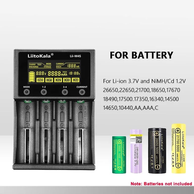 LiitoKala Lii-M4S Multi-Functional LCD Display Battery Charger for 3.7V 1.2V 26650 21700 14500 18350 AA AAA A C Batteries - Intelligent Charging Management, Compact Portable Design, Overcharge Protection, Reverse Polarity Detection, Easy-to-Use Buttons