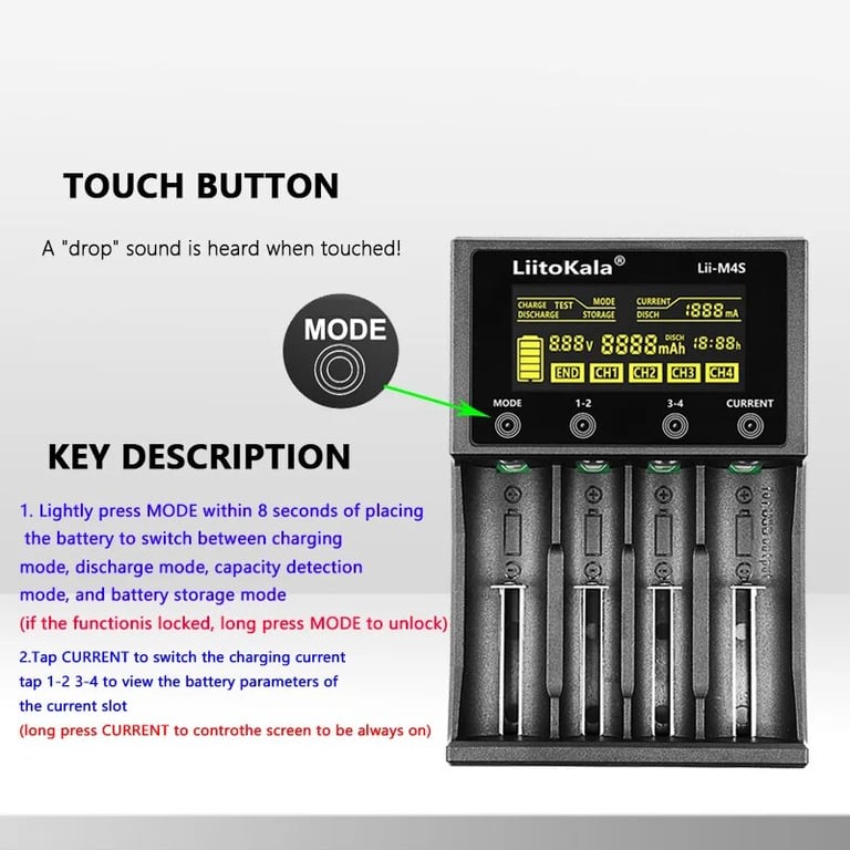 LiitoKala Lii-M4S Multi-Functional LCD Display Battery Charger for 3.7V 1.2V 26650 21700 14500 18350 AA AAA A C Batteries - Intelligent Charging Management, Compact Portable Design, Overcharge Protection, Reverse Polarity Detection, Easy-to-Use Buttons