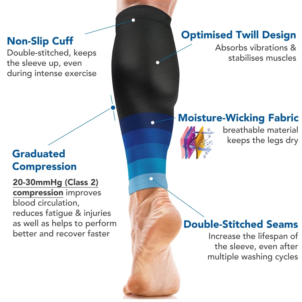 Moisture-Wicking Graduated Compression Calf Support Sleeves for Running and Marathons - Footless Design, Unisex, Durable Construction - 20-30mmHg Compression, Enhanced Performance, Targeted Support, Breathable Materials, Prevents Chafing and Irritation