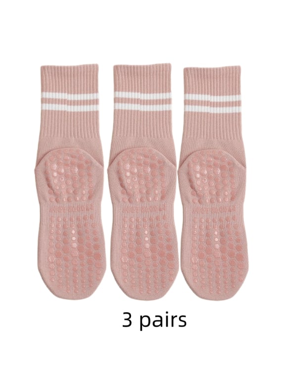 High-Quality Cotton Medium Length Yoga Socks with Anti-Slip Silicone Grips - Set of 3 Pairs for Wholesale - Breathable Fitness Accessories for Pilates, Gym, and Studio Workouts - Comfortable Support and Stability for Women - Bulk Purchase at Competitive Price