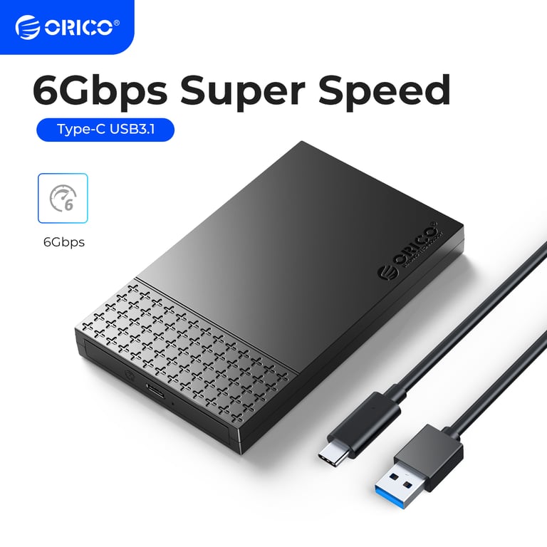 ORICO Type-C External Hard Drive Case with UASP Support, 6Gbps Data Transfer Speeds, Durable Construction, Tool-Free Installation, and Wide Compatibility for 2.5'' HDD/SSD - Windows, Mac, Linux Compatible