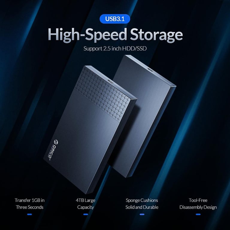 ORICO Type-C External Hard Drive Case with UASP Support, 6Gbps Data Transfer Speeds, Durable Construction, Tool-Free Installation, and Wide Compatibility for 2.5'' HDD/SSD - Windows, Mac, Linux Compatible