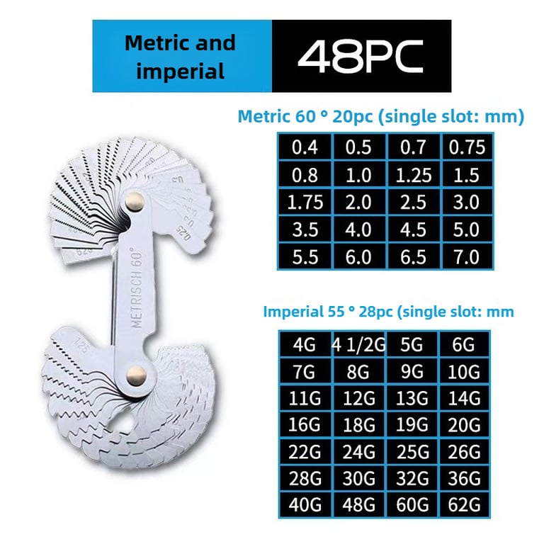 Precision Measurement Tool: 55/60 Degree Metric Inch Thread Plug Gauge Gear Tooth Screw Pitch Gauges - Dual Measurement System for Accurate Thread and Gear Measurements - Durable Construction for Industrial Use - Ergonomic Design with Easy-to-Read Markings - Ideal for Automotive, Aerospace, and Manufacturing Industries