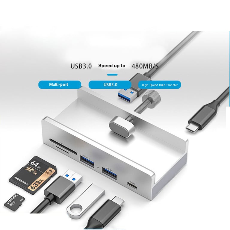 Aluminum Type C 4 Port USB 3.0 HUB with Phone Holder, SD TF Card Reader, DC Power Adapter - High-Speed Data Transfer, Multiple Connectivity Options, Stable Power Supply - Multi-Functional Design for Efficient Work and Convenient Device Management