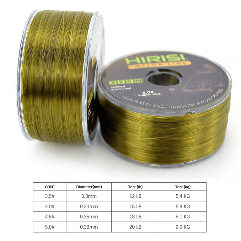 Hirisi 350m Fishing Line - High-Quality Monofilament Nylon Line from Japan for Superior Strength and Durability - Smooth Casting and Low Memory Design for Hassle-Free Fishing - Bright Color for High Visibility in Low Light Conditions - Multiple Sizes Available for Versatile Fishing Needs