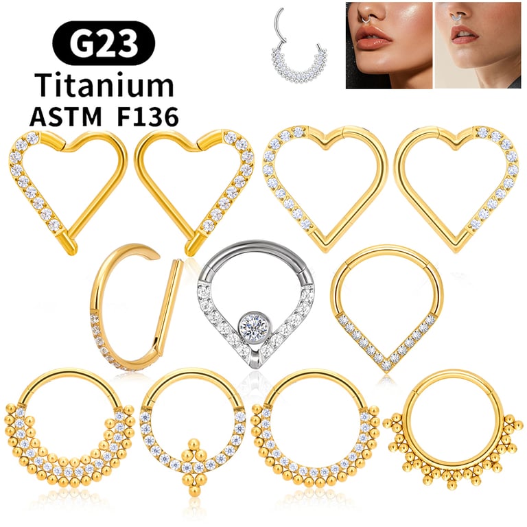High-Quality G23 Titanium D Shape Nose Ring Daith Heart Earring with CZ Stones - Hypoallergenic and Versatile Jewelry for Ear, Tragus, Cartilage, and Helix Piercings - 16G Gauge for Stylish Everyday Wear and Special Occasions