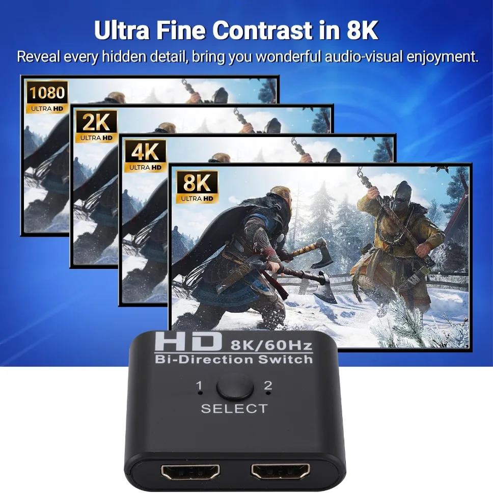 8K HDMI-Compatible Switch Splitter for PS4, TV Box - Bi-Directional 1x2 or 2x1 Configuration, Seamless Integration, Durable Design - Enhanced Connectivity for Immersive Gaming and Movie Experiences
