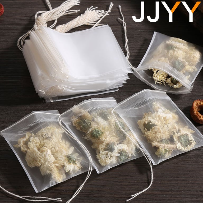 JJYY Disposable Tea Bags with Attached String and Heat Seal - 100 Pack of Food Grade Non-Woven Fabric Filter Bags for Tea, Spices, Herbs, and Potpourri - Eco-Friendly and Biodegradable Tea Infusion Solution for Convenient Brewing and Versatile Use