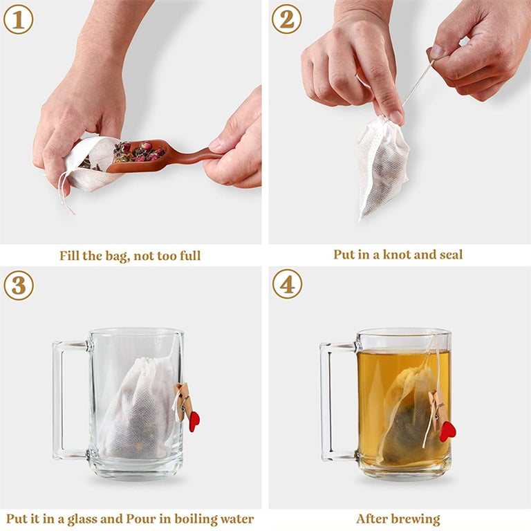 JJYY Disposable Tea Bags with Attached String and Heat Seal - 100 Pack of Food Grade Non-Woven Fabric Filter Bags for Tea, Spices, Herbs, and Potpourri - Eco-Friendly and Biodegradable Tea Infusion Solution for Convenient Brewing and Versatile Use
