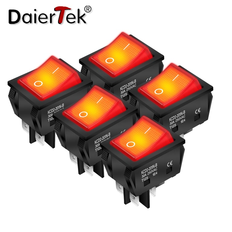 DaierTek 5PCS 30A 250V Rocker Switch with DPST 4-Pin Design, ON/OFF Functionality, High Voltage Compatibility, Easy Installation, and Red Lighted Indicator - Ideal for Industrial Machinery, Automotive Systems, and Home Appliances