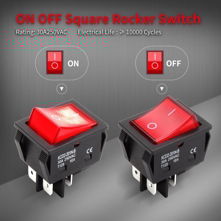 DaierTek 5PCS 30A 250V Rocker Switch with DPST 4-Pin Design, ON/OFF Functionality, High Voltage Compatibility, Easy Installation, and Red Lighted Indicator - Ideal for Industrial Machinery, Automotive Systems, and Home Appliances