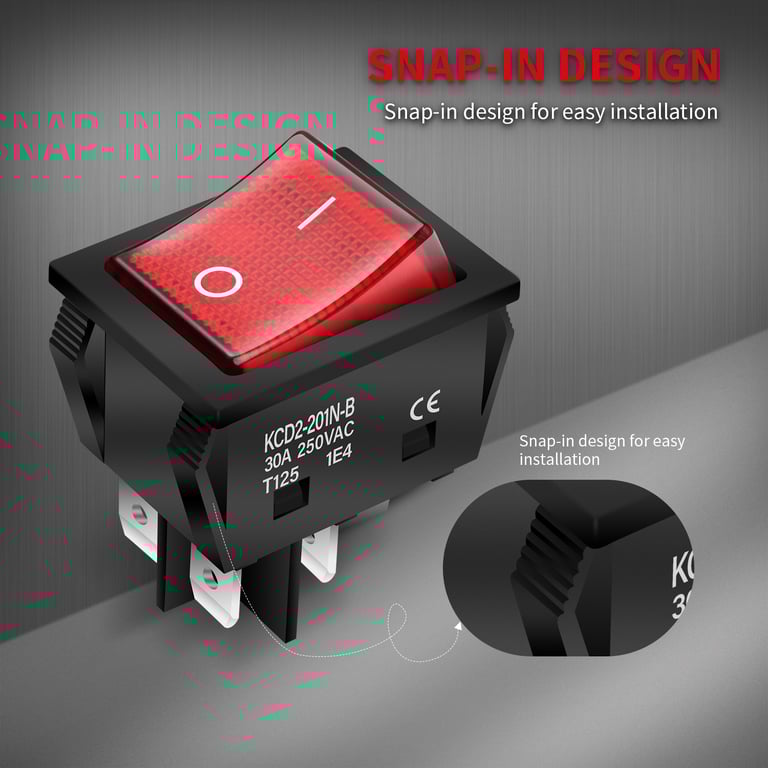 DaierTek 5PCS 30A 250V Rocker Switch with DPST 4-Pin Design, ON/OFF Functionality, High Voltage Compatibility, Easy Installation, and Red Lighted Indicator - Ideal for Industrial Machinery, Automotive Systems, and Home Appliances