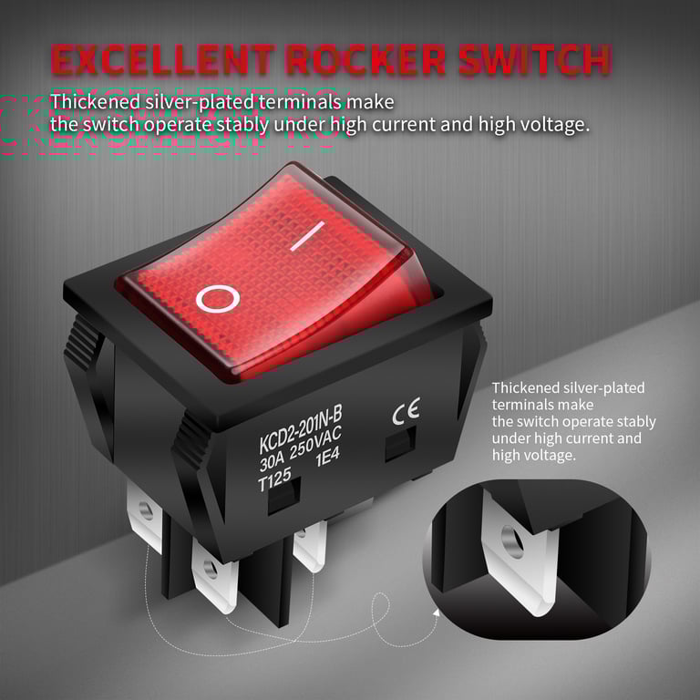 DaierTek 5PCS 30A 250V Rocker Switch with DPST 4-Pin Design, ON/OFF Functionality, High Voltage Compatibility, Easy Installation, and Red Lighted Indicator - Ideal for Industrial Machinery, Automotive Systems, and Home Appliances