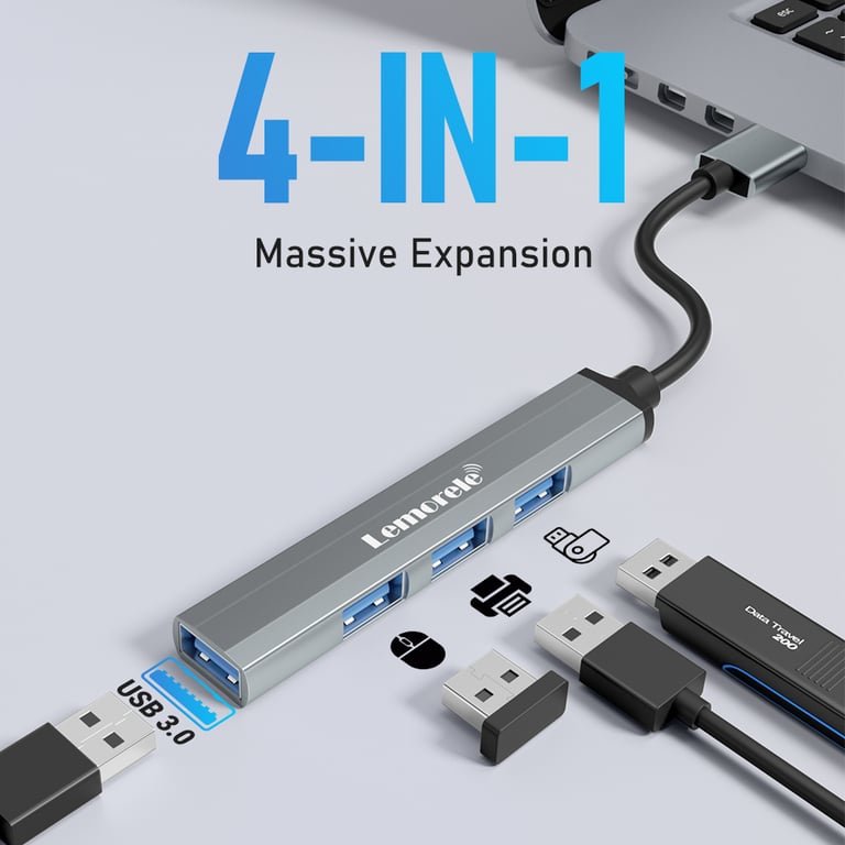 Lemorele 120cm USB HUB OTG USB A 3.0 Adapter with 4 Ports, High-Speed Data Transfer up to 5Gbps, OTG Functionality, Multi-Splitter Design, Compatible with Xiaomi, Lenovo, MacBook Pro - Ideal Laptop Accessory for Seamless Connectivity and File Transfer