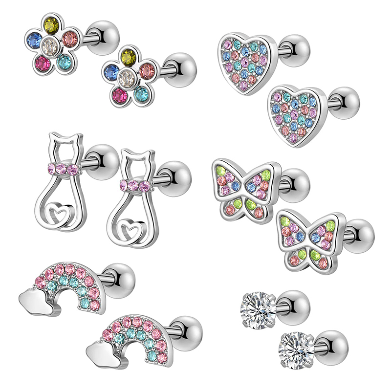 6 Pairs CZ Screwback Earring Studs Set - Hypoallergenic 316L Stainless Steel Earrings with Secure Screwback Design for Sensitive Ears - Sparkling CZ Stones, Comfortable Fit, Perfect Gift for Women and Girls - Easy to Maintain, Stylish and Versatile 20G Earrings for Everyday Wear
