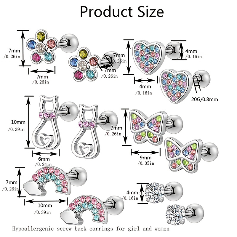 6 Pairs CZ Screwback Earring Studs Set - Hypoallergenic 316L Stainless Steel Earrings with Secure Screwback Design for Sensitive Ears - Sparkling CZ Stones, Comfortable Fit, Perfect Gift for Women and Girls - Easy to Maintain, Stylish and Versatile 20G Earrings for Everyday Wear