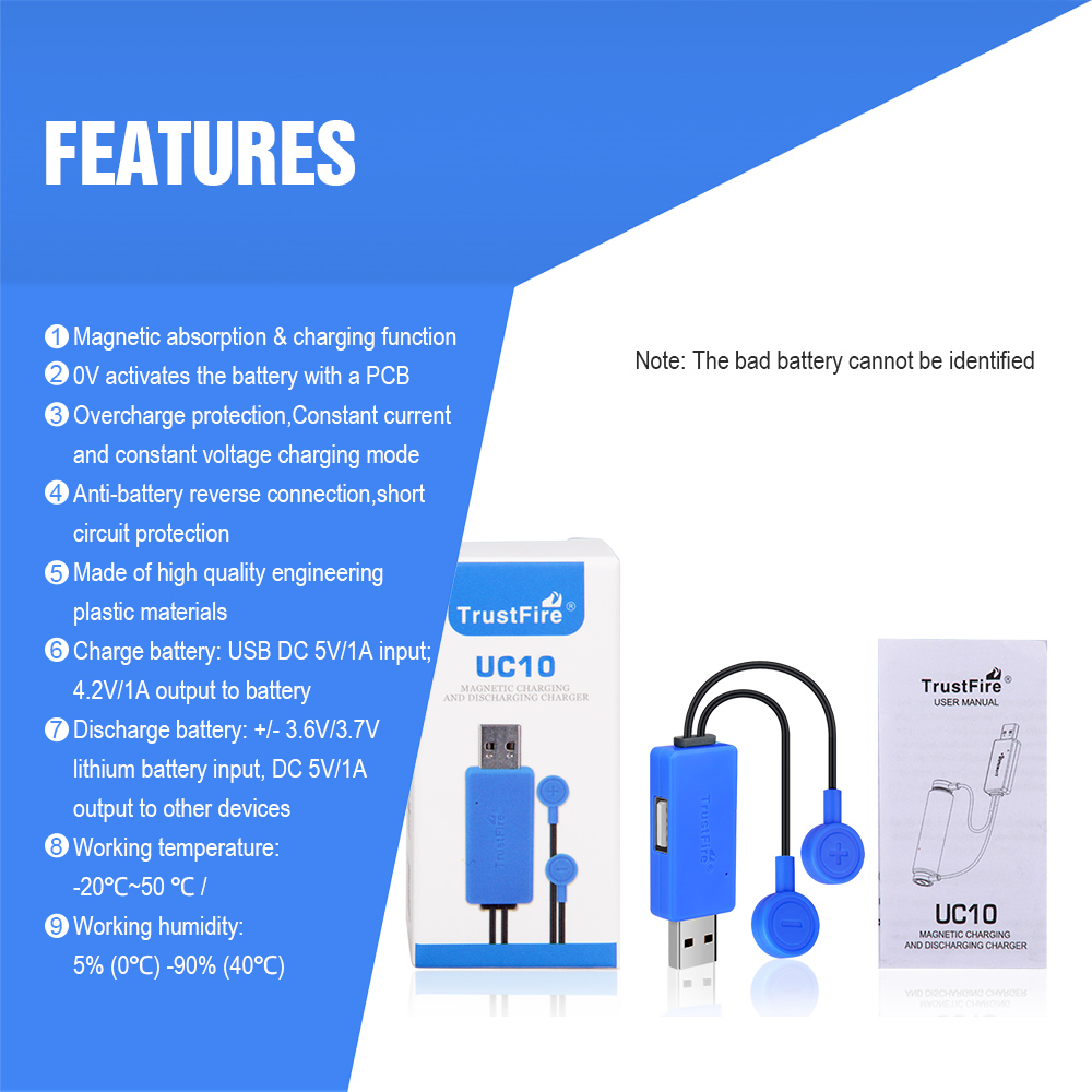 TrustFire UC10 Magnetic Battery Charger with Power Bank Function - Universal Li-ion Battery Charger for 32650, 21700, 16340, 26650, 18650 Cells - Portable and Versatile Design with Multiple Charging Modes and Intelligent Protection Features